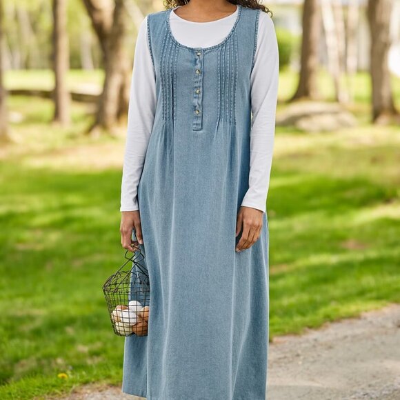The Vermont Country Store Blue Denim Pintuck Jumper Maxi Dress Sleeveless - Picture 1 of 11